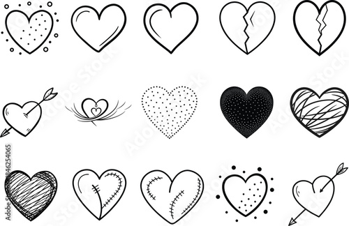 Collection of various hand drawn heart shapes and symbols