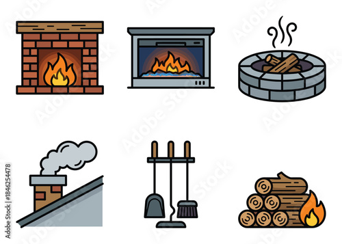 Fireplace Icons Set Brick, Modern, Fire Pit, Chimney, Tools, Wood with Fire Vector Icons