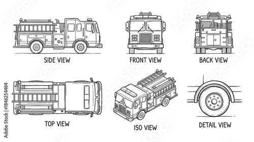 Fire Engine Truck Schematics Views Detailed Black and White Line Art
