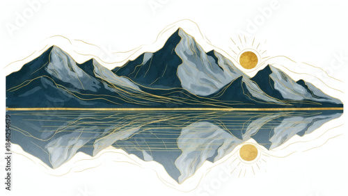Mountain background vector. Minimal landscape art with watercolor brush and golden line art texture. Abstract art wallpaper for prints, Art Decoration, wall arts and canvas prints. 