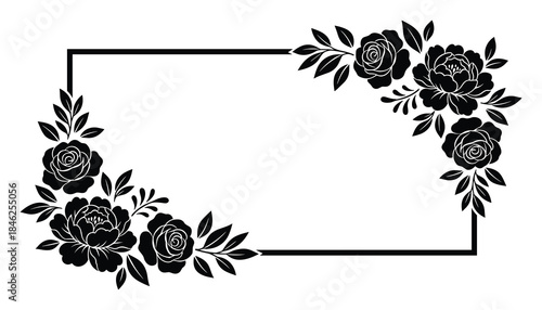 Floral Frame Border with Roses and Leaves, Rectangular Black and White Design