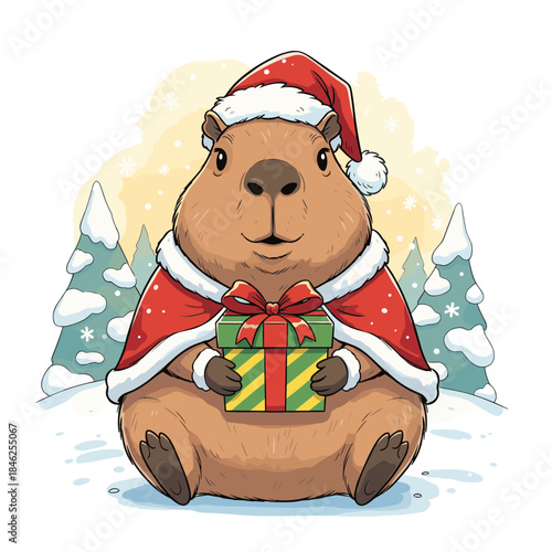 Christmas wombat wearing a Santa hat and cape holding a gift in a winter landscape