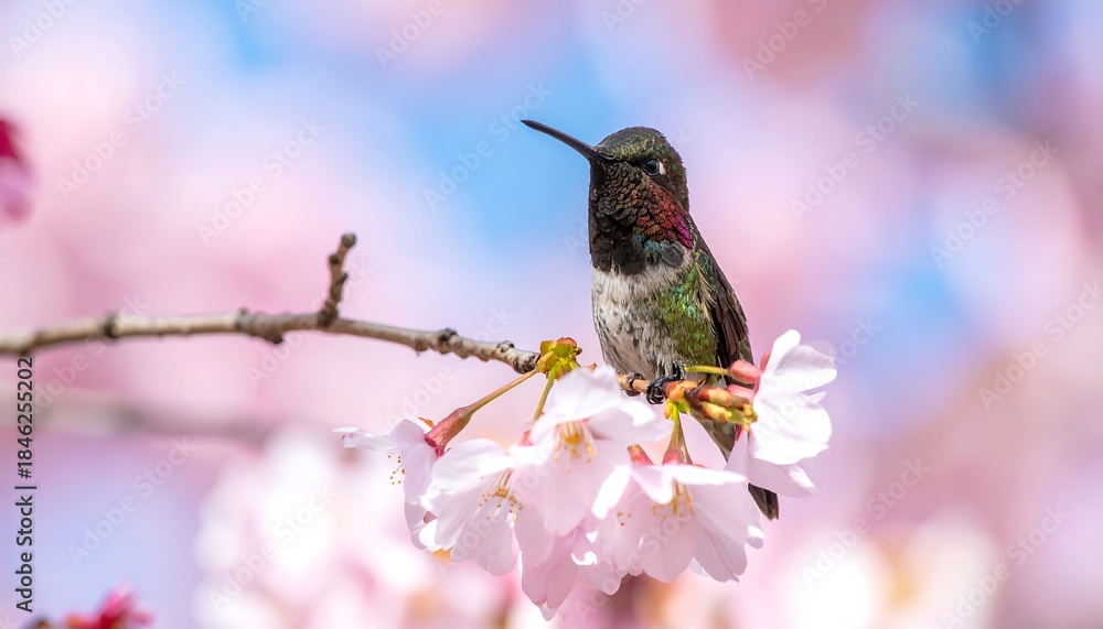 Naklejka premium A tiny, iridescent bird perches on a branch adorned with delicate, light pink blossoms, against a blurred sky