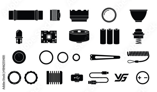 Flashlight Components Black Silhouettes on White Background Vector Illustration