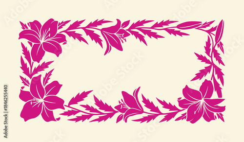 Floral Frame with Fuchsia Lilies and Leaves Border on Cream Background
