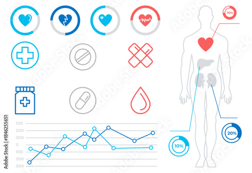 Medical Health Dashboard Interface with Healthcare Analytics Infographic, Patient Data Monitoring, Human Body Visualization and Vital Statistics UI Design