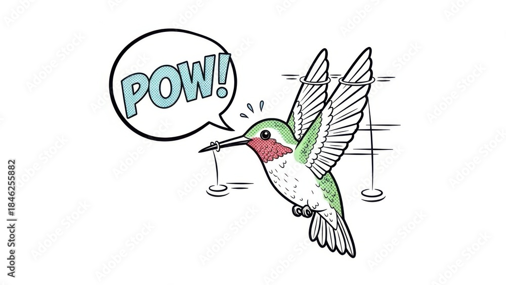 Naklejka premium Dynamic Hummingbird Illustration with Arrested Flight and Vivid Comic Style Impact Bubble