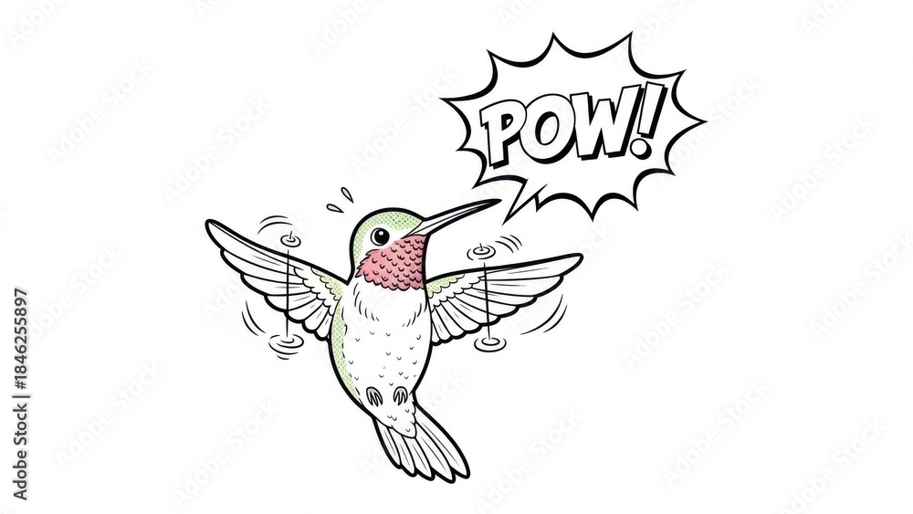 Naklejka premium Hummingbird Character with Frozen Wings and a Comic Book 'Pow' Sound Effect Bubble