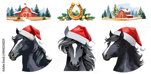 サンタ帽を被った黒馬