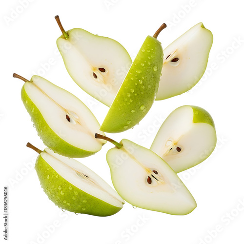 Sliced Green Pears with Water Droplets on White Background