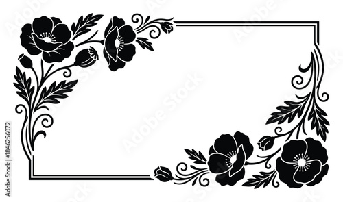 Poppy Floral Frame with Poppies and Swirls for Invitations Cards, Design Projects and Invitations