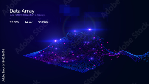 Futuristic cityscape with glowing blue violet data flow stream vector background. Cyberpunk metropolis background with digital network. AI and big data technology concept. Neon technology cityscape