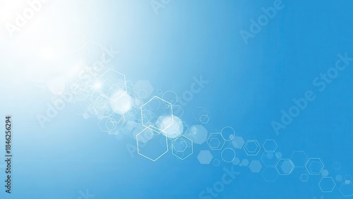 Abstract blue background with flowing hexagons and light flare, digital technology