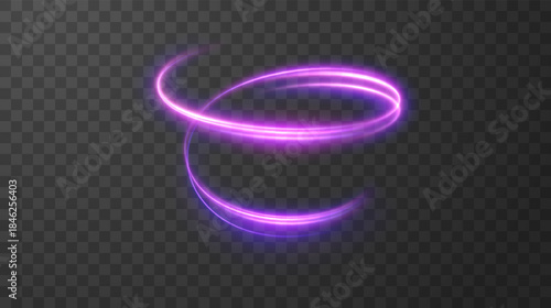 Vector illustration of dynamic, glowing spiral in vibrant neon colors (blue, purple, pink) on checkered grid. Retrofuturistic aesthetic of synthwave, outrun, and 80s retro gaming. Light spiral element