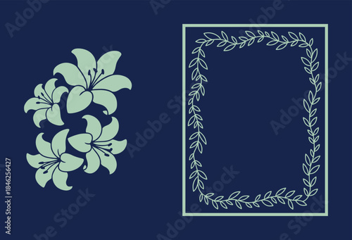 Floral Illustration with Lilies and Botanical Frame on Dark Blue Background