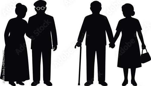Elderly couple silhouettes standing together, illustrating senior life, aging, companionship, family support, and retirement concept in minimalist black style