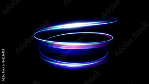 Vector illustration of dynamic, glowing spiral in vibrant neon colors (blue, purple, pink) on checkered grid. Retrofuturistic aesthetic of synthwave, outrun, and 80s retro gaming. Light spiral element