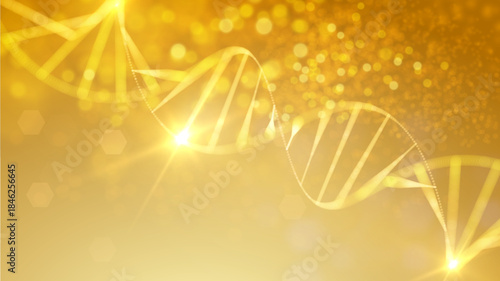Golden DNA strand with collagen molecules glowing particles. Advanced skincare genetics biotechnology and anti-aging science concept. Luxury cosmetic medical research background.