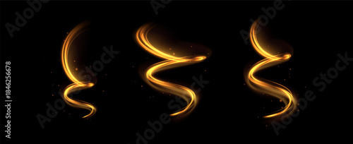Elegant and modern abstract vector background with flowing golden light lines. Ideal for luxury branding, fashion presentations, wedding invitations, corporate identity. Dynamic bright light in motion
