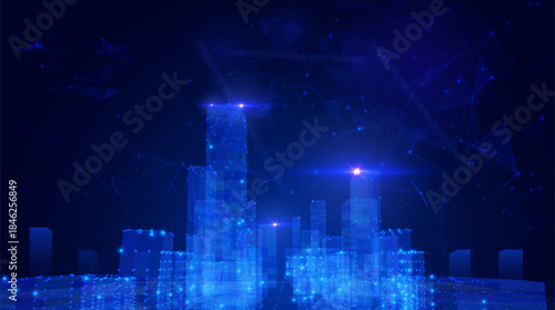 Blue violet futuristic cityscape with big data network flows vector background. Digital transformation metropolis skyline with data particles for technology presentations and fintech visualizations.