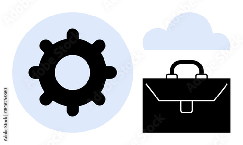 Business solutions, cloud technology, collaboration tools, professional services, data storage, workflow management. Gear, briefcase and cloud icons in minimalist style. Business solutions and cloud