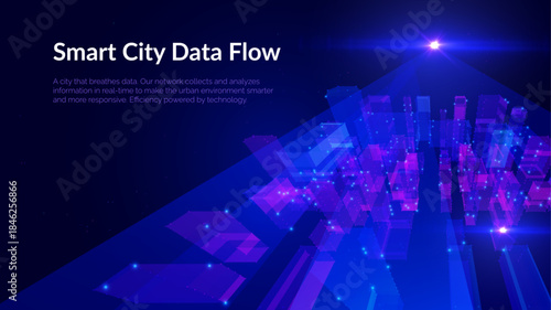 Blue violet futuristic cityscape with big data network flows vector background. Digital transformation metropolis skyline with data particles for technology presentations and fintech visualizations.