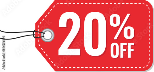 Red stitched retail tag with a black string offering a 20 off discount sale.