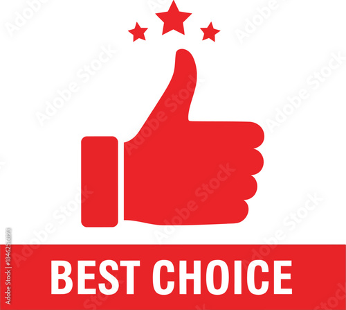 Red thumbs up hand gesture icon with three stars and a Best Choice banner symbolizing approval and top quality.