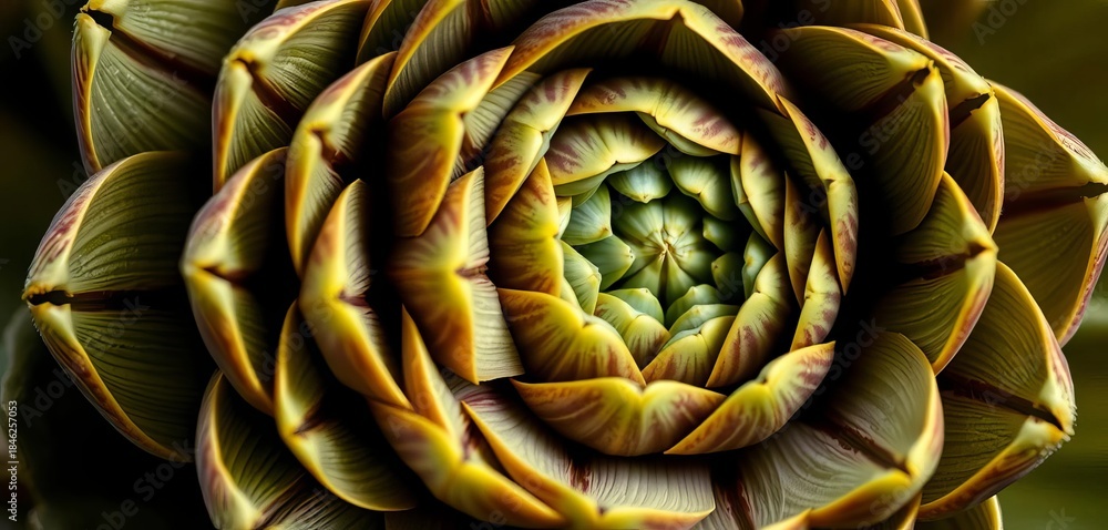 Obraz premium Close-up of artichoke's spiraling, overlapping bracts revealing Fibonacci sequence, design element, art