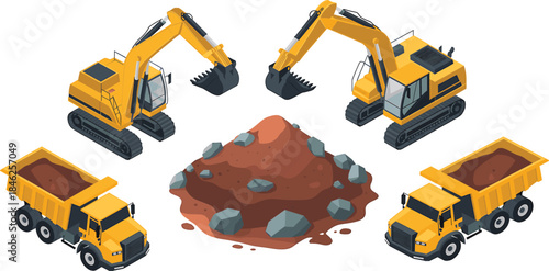Isometric construction machinery set with excavators, dump trucks, and soil pile, illustrating heavy equipment, earthmoving operations, and building site work