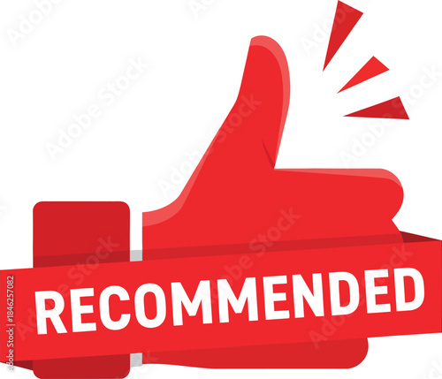 Stylized red thumbs up icon with a Recommended banner a graphic symbol of approval and positive feedback.