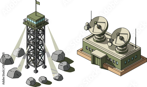 Isometric military radar station and watchtower with surveillance equipment, illustrating defense monitoring, communication systems, and strategic security infrastructure concept