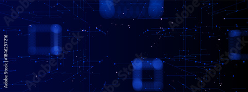 Abstract geometric background of big data space, with grid of square shapes and glowing connection dots. Network infrastructure, data centers, cloud storage mapping, digital communication frameworks