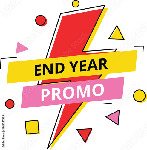 Vibrant End Year Promo banner with a red lightning bolt colorful geometric shapes and bold typography.