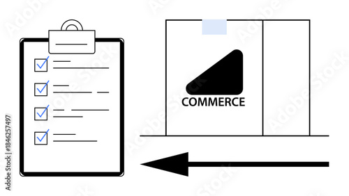 E-commerce concept. E-commerce operations illustrated with a checklist and package delivery graphics. E-commerce supports logistics, supply chain, online shopping, and fulfillment industries
