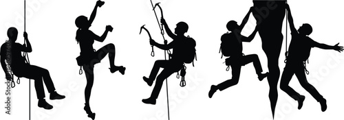 Rock climbing silhouette set with male and female climbers using ropes and gear, illustrating adventure sport, teamwork, and extreme outdoor activity