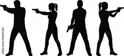 Silhouettes of armed men and women aiming pistols, illustrating self defense training, tactical shooting, law enforcement practice, and security concept