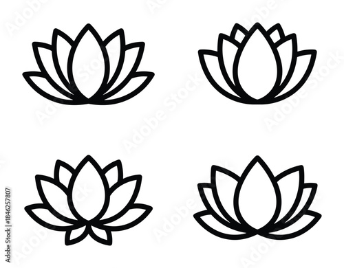 Four Lotus Flower Outlines in Square Format, Simple Black Line Art