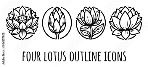Four Lotus Flower Outline Icons Set in Circle, Black and White Design
