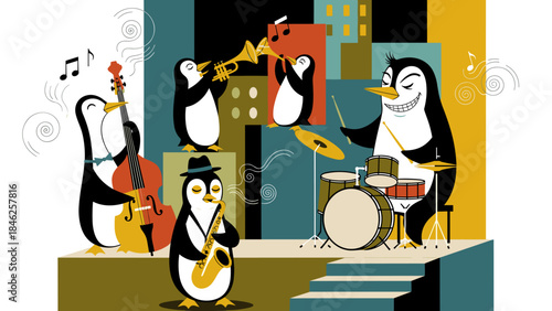 Penguins Playing Jazz Music on Stage in City Cartoon Illustration