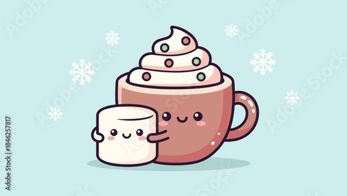 Hot Chocolate Mug and Marshmallow Hugging on Winter Blue Background Cute Cartoon Illustration