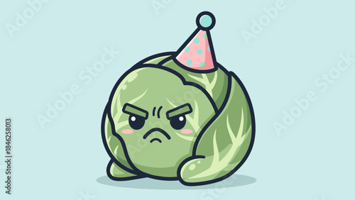 Angry Brussels Sprout Wearing Party Hat Isolated on Light Blue Background Cute Cartoon Vector Illustration