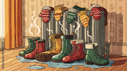 Wet Winter Boots and Mittens Drying on Radiator with Steam, Cozy Illustration