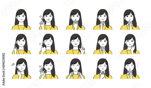 ロングヘアーの若い女性の様々表情バリエーションセット　イエロー
