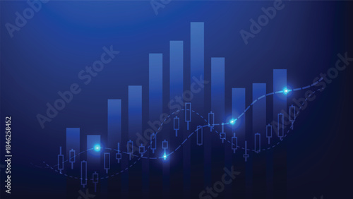 financial market and business investment. bar chart graphic and candlesticks with indicator on blue background 
