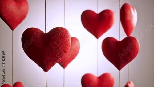 Wallpaper Mural Gently Swaying Textured Red Hearts on Strings Against a Bright White Background for Love, Romance, and Celebration Concepts. Torontodigital.ca