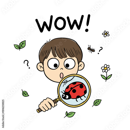 Curious boy amazed by a ladybug through a magnifying glass with "WOW!" caption