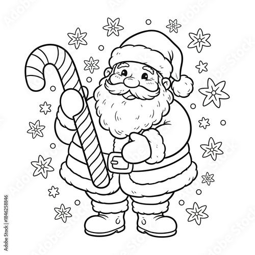 Cute chubby Santa Claus holding giant candy cane surrounded by snowflakes in cartoon outline style, perfect for festive holiday coloring pages and cheerful Christmas designs