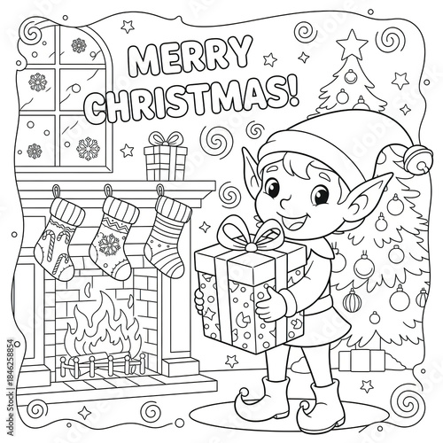 Merry Christmas greeting with cute elf holding big present near decorated Christmas tree and fireplace with stockings, creating joyful holiday scene for coloring fun