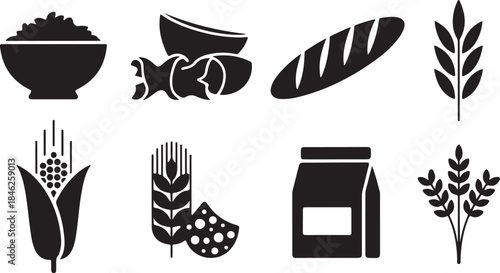 Black and white food icons set featuring grains and bread